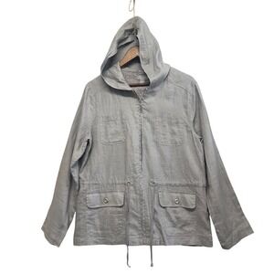 Kenar Womens Sz L 100% Linen Hooded Utility Zip Up Jacket Lightweight Basic Gray